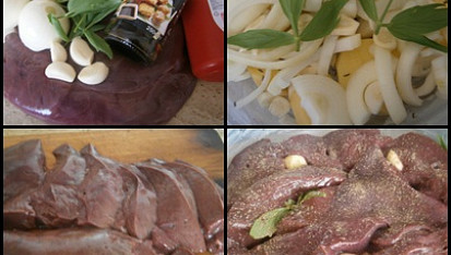 Játra "cibulajdy", mísu vymažeme sádlem,poklademe bramborami,česnekem,cibulí,libečkem a opepřenými játry