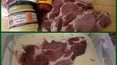 Krkovička v kefíru z papiňáku+smažené řízky, část použitých surovin+maso v marinádě,nejlépe přes noc uleželé