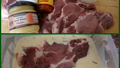 Krkovička v kefíru z papiňáku+smažené řízky, část použitých surovin+maso v marinádě,nejlépe přes noc uleželé