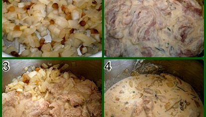 Krkovička v kefíru z papiňáku+smažené řízky, 1.osmahneme slaninu a cibuli2.přidáme maso a necháme zatáhnout3.přidáme všechnu marinádu4.pod tlakem dusíme 15minut