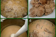 1.po 15minutách hrnec otevřeme2.maso vytáhneme3.omáčku rozmixujeme4.přilijeme smetanu,provaříme a maso dáme prohřát