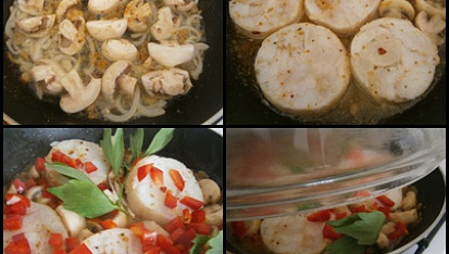 Rybí medailonky v zelenině, osmahneme,slaninu,cibuli,žampiony a okořeníme,přidáme orestovat rybu,přisypeme papriku,libeček a pod poklicí 10minut dusíme