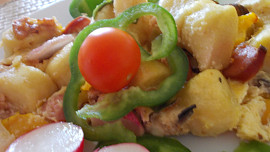 Zapékané dubenecké bramborové špalíčky s ředkví, žampióny a sýrem