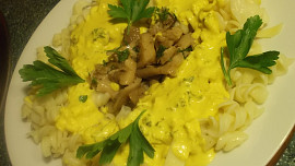 Těstoviny s domácí kari - sýrovou omáčkou a hlívou ústřičnou