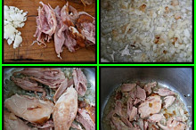 Maso obereme,kosti a kůži necháme na vývar,cibuli a slaninu nakrájíme.Slaninu s cibulí orestujeme,přidáme maso,osmahneme,podlijeme dáme čtvrtku bujónu a pod tlakem děláme 10minut.