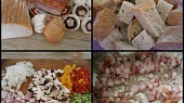 Zeleninovo-slaninové chlebové placičky s křenovým dipem, suroviny nakrájíme,chleba namočíme a slaninu osmažíme