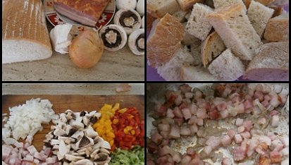 Zeleninovo-slaninové chlebové placičky s křenovým dipem, suroviny nakrájíme,chleba namočíme a slaninu osmažíme