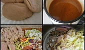 Býčí žlázy dušené v zelenině, Býčí žlázy.Připravená šťáva.Použité suroviny.Na orestovanou cibulku se slaninou přidáme pokrájené žlázy a papriku.