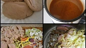 Býčí žlázy dušené v zelenině, Býčí žlázy.Připravená šťáva.Použité suroviny.Na orestovanou cibulku se slaninou přidáme pokrájené žlázy a papriku.