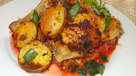 Kuře pečené  na mrkvovo-řepném a zelném polštáři