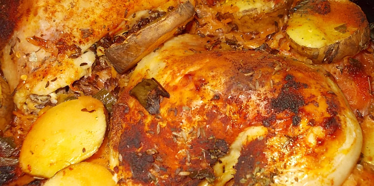 Kuře pečené  na mrkvovo-řepném a zelném polštáři