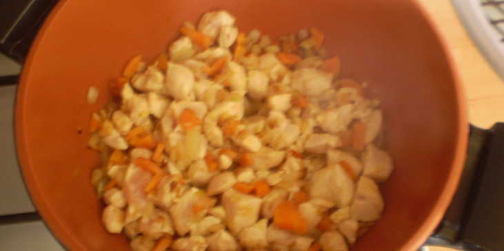 Kuřecí směs s fazolemi (Osmažíme cibuli, česnek, mrkev, přidáme maso)