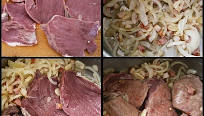 Vepřové srdíčko v zeleninové "omáčce" z papiňáku, Plátky srdíčka vložíme na orestovaný špek s cibulí a česnekem a necháme po obou stranách zatáhnout.