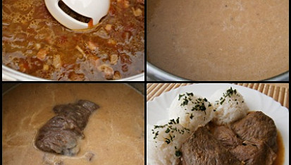 Vepřové srdíčko v zeleninové "omáčce" z papiňáku, Šťávu ponorným mixérem rozmixujeme,dochutíme česnekem,solí a pepřem.Maso vložíme nazpět,necháme prohřát a podáváme.