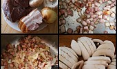 Vepřový plátek ve slaninovo-žampionové omáčce z "papiňáku" (Osmahneme slaninu,přidáme cibuli a česnek a orestujeme.Žampiony nakrájíme na cca 1 cm široké plátky)