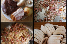 Osmahneme slaninu,přidáme cibuli a česnek a orestujeme.Žampiony nakrájíme na cca 1 cm široké plátky