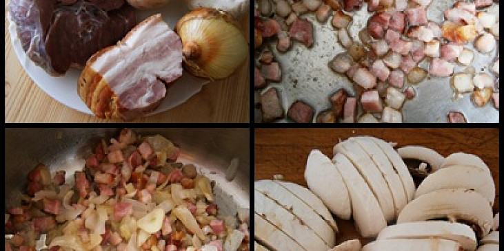 Osmahneme slaninu,přidáme cibuli a česnek a orestujeme.Žampiony nakrájíme na cca 1 cm široké plátky