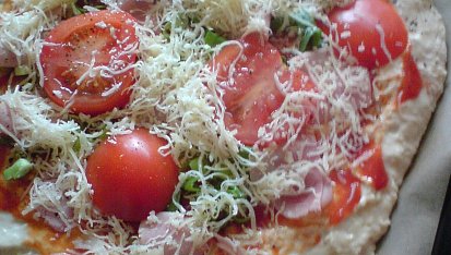 Blesková pizza z jogurtu (kefíru), upečenou jsem nafotit nestihla...prostě mi ji snědli....