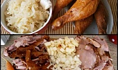 Kuřecí uzené v kyselém zelí dušené, Část použitých surovin.Ze stehen odstraníme kůži a kosti,špek,cibuli,jablko nakrájíme na kostičky,česnek na plátky.