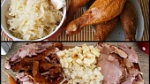 Kuřecí uzené v kyselém zelí dušené, Část použitých surovin.Ze stehen odstraníme kůži a kosti,špek,cibuli,jablko nakrájíme na kostičky,česnek na plátky.