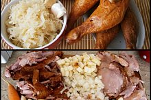 Část použitých surovin.Ze stehen odstraníme kůži a kosti,špek,cibuli,jablko nakrájíme na kostičky,česnek na plátky.