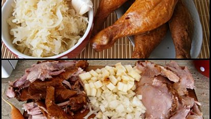 Kuřecí uzené v kyselém zelí dušené, Část použitých surovin.Ze stehen odstraníme kůži a kosti,špek,cibuli,jablko nakrájíme na kostičky,česnek na plátky.