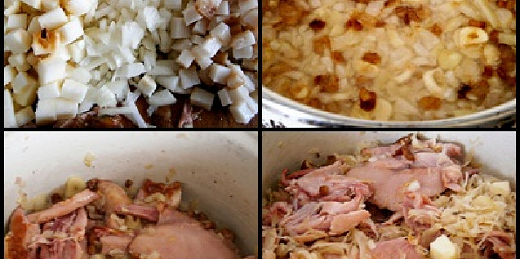 Na osmahnutý špek s cibulí, česnekem a kmínem vložíme maso,osmahneme,přidáme zelí,jablko,vývar a pod pokličkou dusíme 20minut.