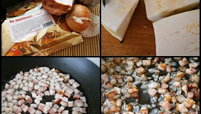 Cuketové"lívanečky"s Hraškou, Očištěnou cuketu zbavíme dužiny.Nakrájenou slaninu orestujeme,přidáme cibulku a osmahneme.