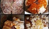 Kuřecí na paprice zase trochu jinak, Maso na cibulce necháme zatáhnout,přidáme papriku ,cuketu a zázvor .