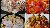 Kuřecí šťavnatý pekáček, Na osmahnutý č.bok dáme orestovat cibuli a česnek.Pak přidáme papriku,rajčata.Vložíme stehna,brambory,osolíme okmínujeme,podlijeme vodou a upečeme.
