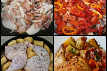 Na osmahnutý č.bok dáme orestovat cibuli a česnek.Pak přidáme papriku,rajčata.Vložíme stehna,brambory,osolíme okmínujeme,podlijeme vodou a upečeme.