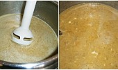 Kvasnicová cibulajda (Do rozmixované polévky vložíme odebranou zeleninu,klepneme vajíčka,promícháme a 2minuty provaříme.)