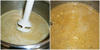 Do rozmixované polévky vložíme odebranou zeleninu,klepneme vajíčka,promícháme a 2minuty provaříme.