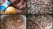 Líčka dušená  a ve smetaně pečená, Část použitých surovin.Orestujeme slaninu.Přidáme cibuli a osmahneme do zlatavé barvy.