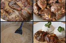 Měkké maso po uečení vyjmeme ze šťávy a uchováme v teple.Mouku rozmícháme se zbytkem smetany,přilijeme do šťávy a 10minut provaříme.Podáváme s rýží,nebo s tím,co máme rádi.
