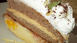 Sváteční  dvoubarevný dort s karamelovým krémem a broskvemi