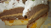 Sváteční  dvoubarevný dort s karamelovým krémem a broskvemi