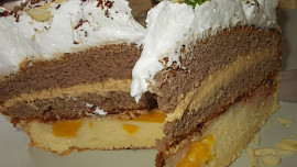 Sváteční  dvoubarevný dort s karamelovým krémem a broskvemi