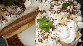 Sváteční  dvoubarevný dort s karamelovým krémem a broskvemi