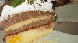 Sváteční  dvoubarevný dort s karamelovým krémem a broskvemi