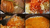 Uzená krémová česnečka se zeleninou, Suroviny na vývar+část ostatních.Zeleninu orestujeme,zalijeme uzeným vývarem a vaříme 15 minut.
