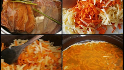 Uzená krémová česnečka se zeleninou, Suroviny na vývar+část ostatních.Zeleninu orestujeme,zalijeme uzeným vývarem a vaříme 15 minut.