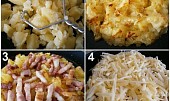 Zapékané brambory se slaninou a sýrem, 1.uvařené brambory rozmačkáme šťouchadlem,ochutíme,omastíme a zapečeme.2.Zrůžovělé brambory po zapečení zasypeme slaninou3 a nastrouhaným sýrem4 a zprudka zapečeme.