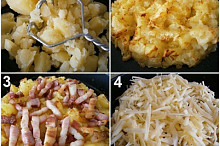 1.uvařené brambory rozmačkáme šťouchadlem,ochutíme,omastíme a zapečeme.2.Zrůžovělé brambory po zapečení zasypeme slaninou3 a nastrouhaným sýrem4 a zprudka zapečeme.
