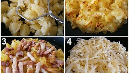 Zapékané brambory se slaninou a sýrem, 1.uvařené brambory rozmačkáme šťouchadlem,ochutíme,omastíme a zapečeme.2.Zrůžovělé brambory po zapečení zasypeme slaninou3 a nastrouhaným sýrem4 a zprudka zapečeme.