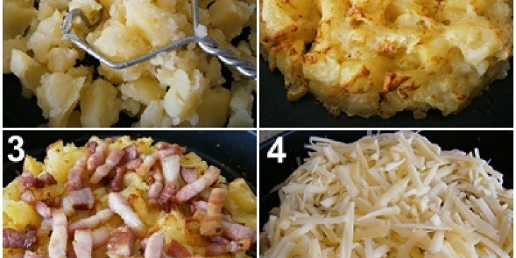 1.uvařené brambory rozmačkáme šťouchadlem,ochutíme,omastíme a zapečeme.2.Zrůžovělé brambory po zapečení zasypeme slaninou3 a nastrouhaným sýrem4 a zprudka zapečeme.