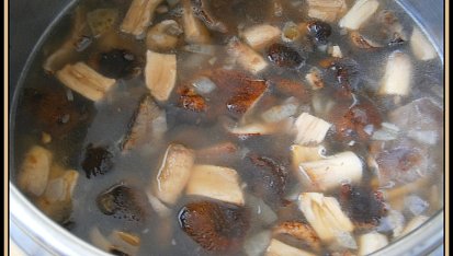 Bramboračka"všehochuťka", na orestované cibuli osmahneme hříbky,přidáme kmín