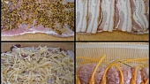 Chutná a nenáročná vepřová roláda s jablky, Rozklepaný plát masa potřeme hořčicí,poklademe česnekovým bokem,nastrouhaným jablkem a zavineme do rolády,kterou zajistíme provázkem.Potřeme olejem,dáme uležet