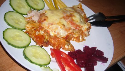 Rajčatovo-houbové lasagne se šunkou a sýrem
