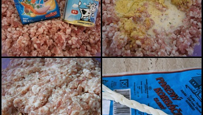 Bůčková sekaná"Korbáčik", část použitých surovin+namíchané masové těsto(sáček i plechovka s mlékem byly před položením na maso na focení opláchnuté:-))
